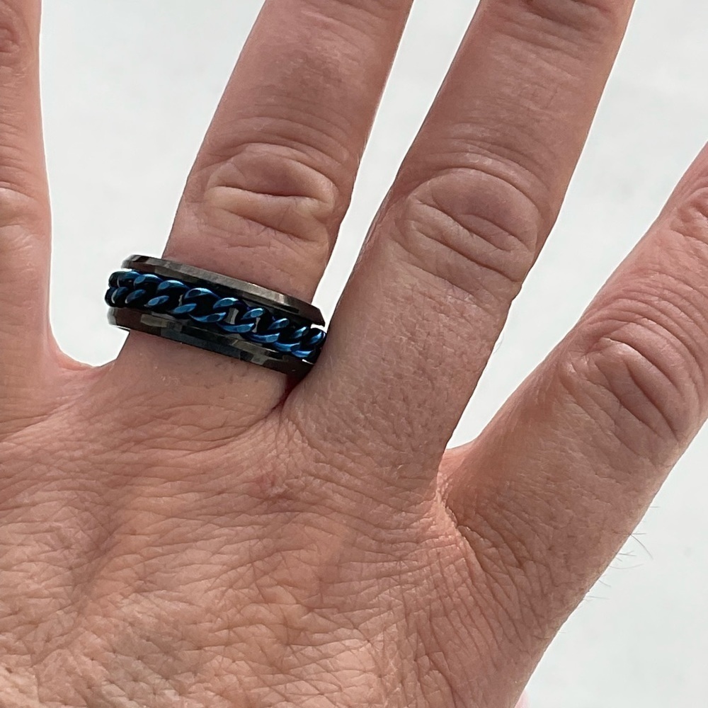 Rotating  Unisex Black & Blue Stainless Steel Fidget Ring - Picture 6 of 12